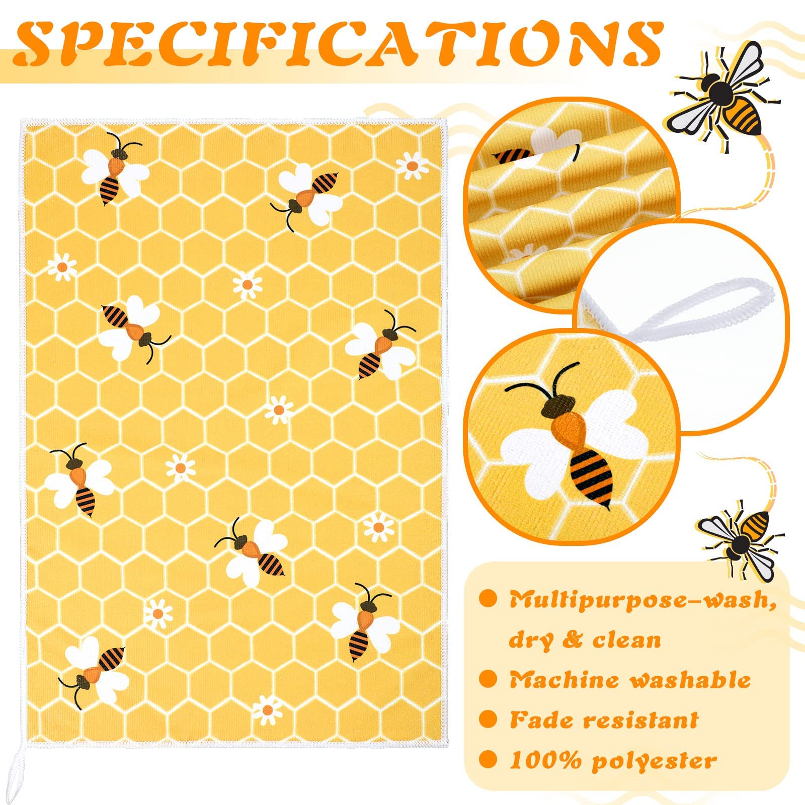 Tegeme 4 Pcs Bee Kitchen Tea Towel Honey Bee Dish Towels Honeycomb Bath Washcloth Honey Hand Polyester Absorbent Cloths Accessor